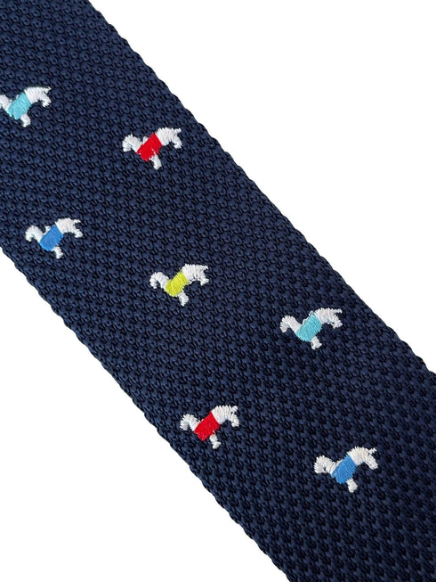 navy blue knitted tie with embroidered dog design